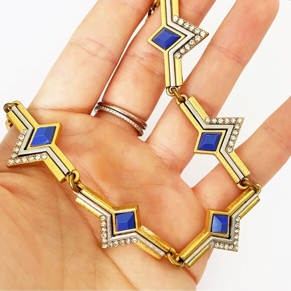J Crew gold - 2 tone blue rhinestone collar statement necklace 16-20” adjustable - Picture 5 of 6